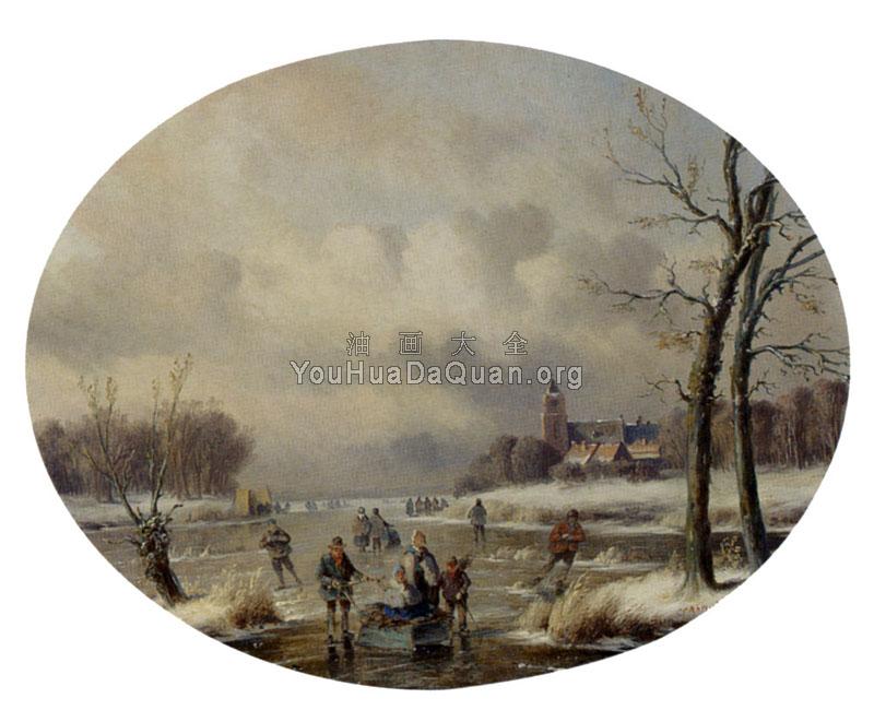 Skaters On A Frozen Waterway, A 'Koek En Zopie' In The Distance - 卡尔·爱德华·阿伦德斯